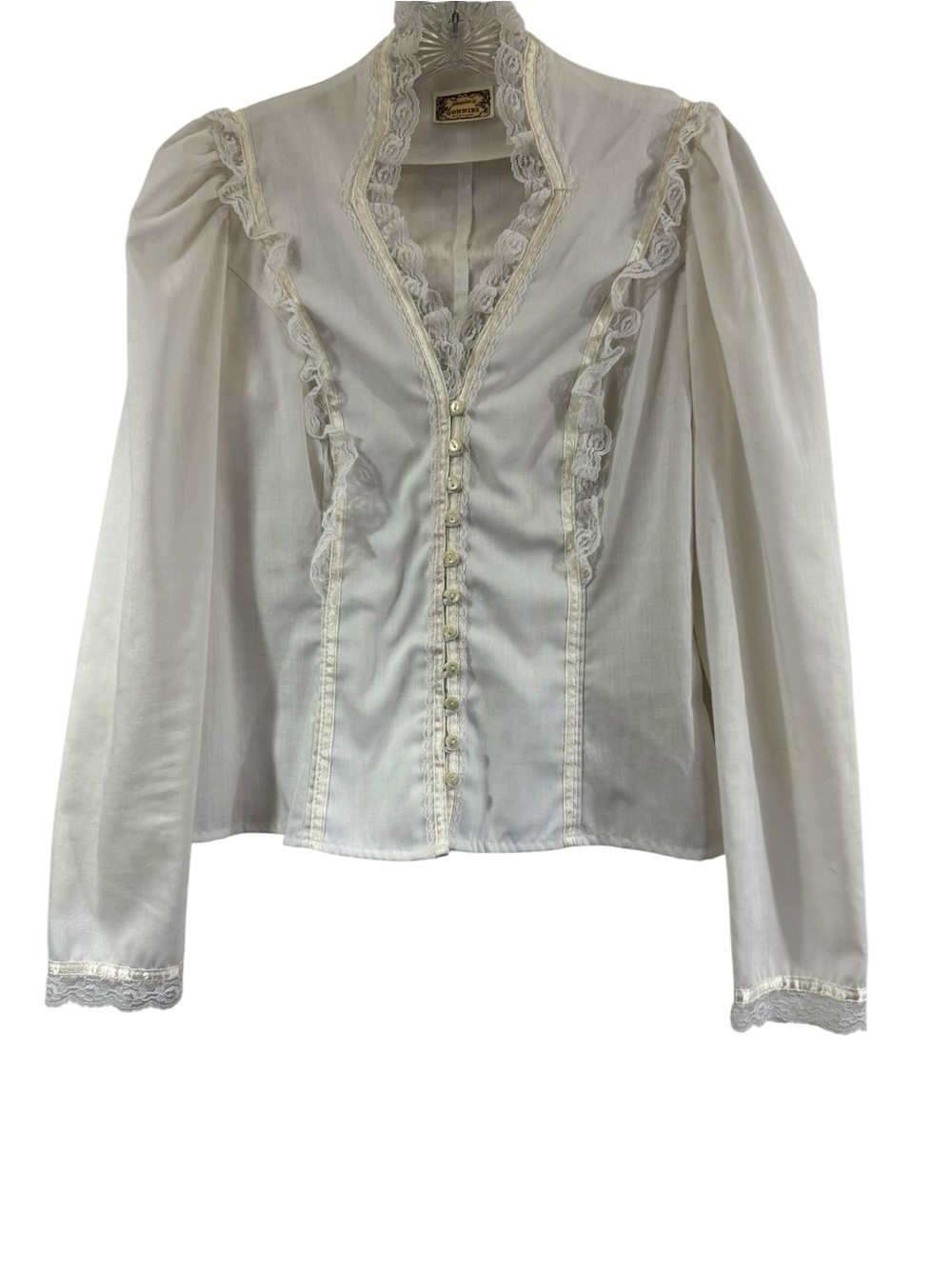 Jessica's Gunnies Vintage 1970's Ivory Lace Long Sleeve Button Up Blouse Small